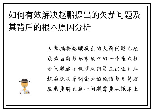 如何有效解决赵鹏提出的欠薪问题及其背后的根本原因分析