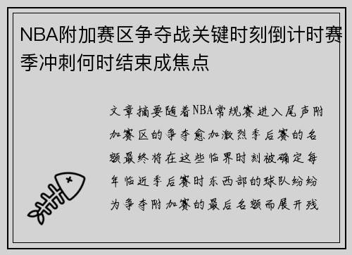 NBA附加赛区争夺战关键时刻倒计时赛季冲刺何时结束成焦点