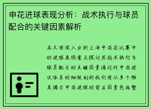 申花进球表现分析：战术执行与球员配合的关键因素解析